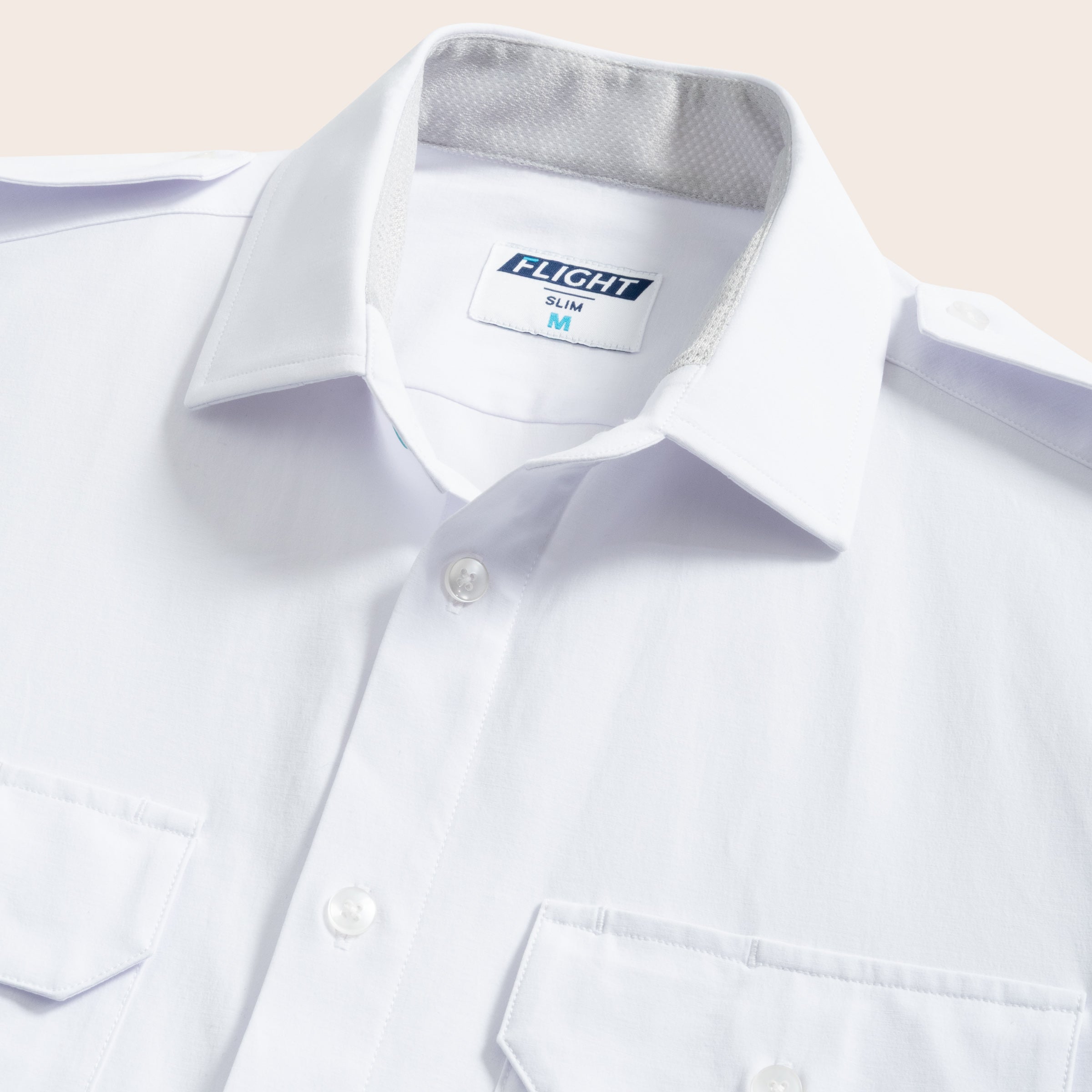 Close-up of Cloud Cotton pilot shirt collar with Flight slim-fit inner label