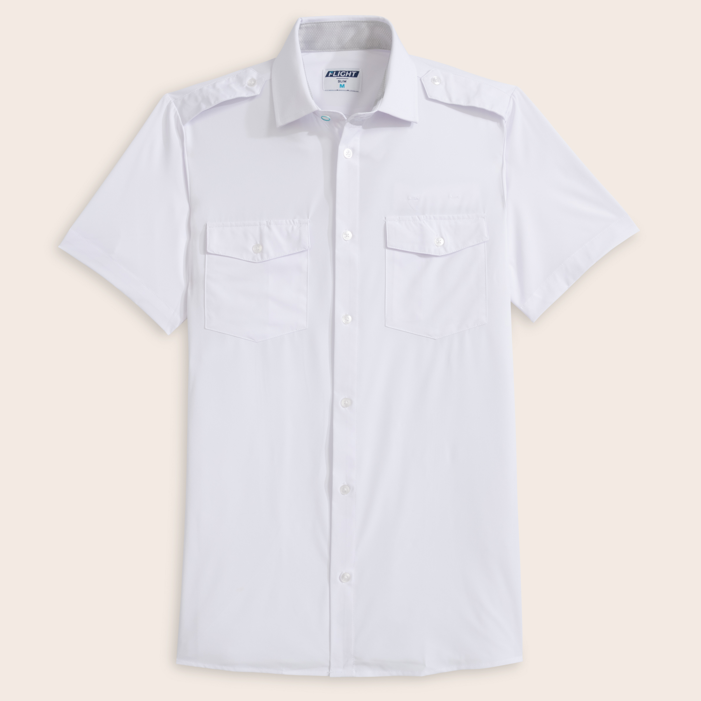 Flat-lay white short-sleeve Flight pilot uniform with epaulettes and dual flap chest pockets