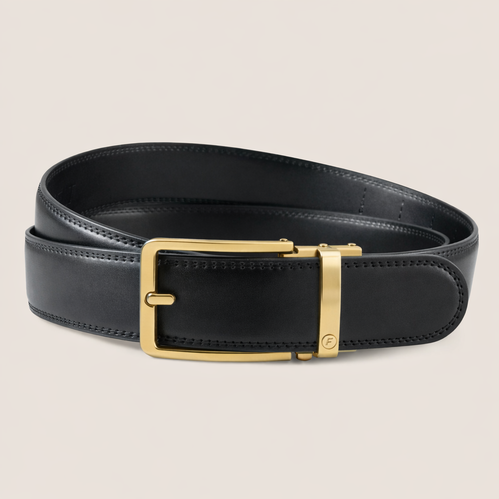 Flight Glide Belt in black leather with gold ratchet buckle