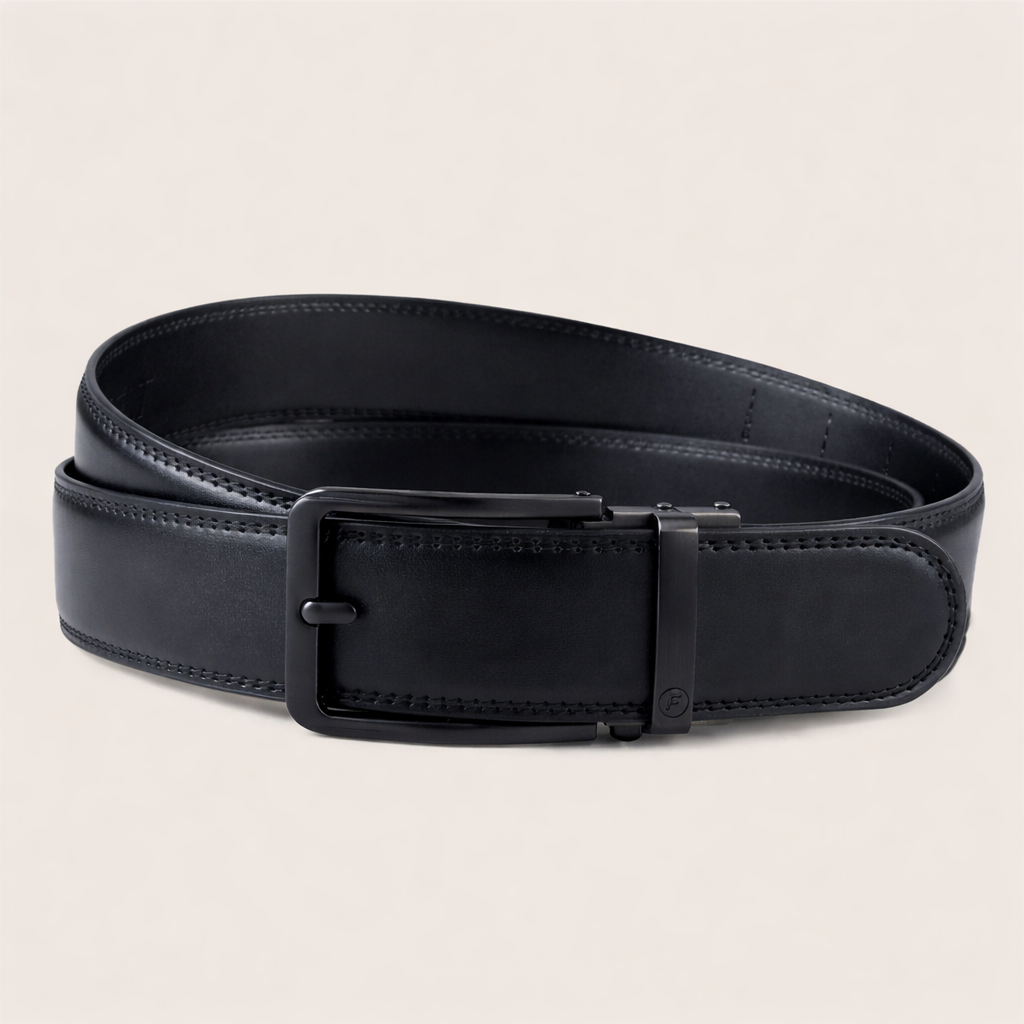 Flight Glide Belt in black leather with matte black stealth ratchet buckle