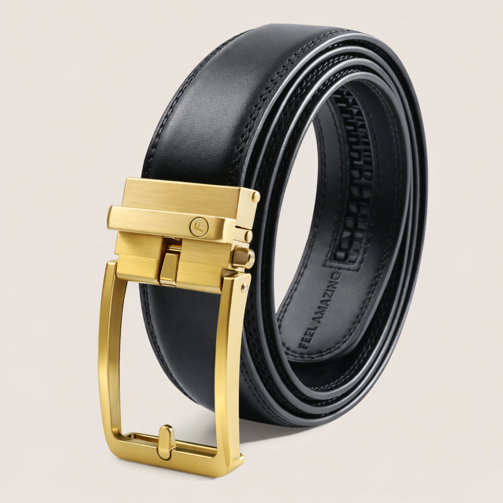 Angled view of Flight Glide Belt in black leather with gold ratchet buckle