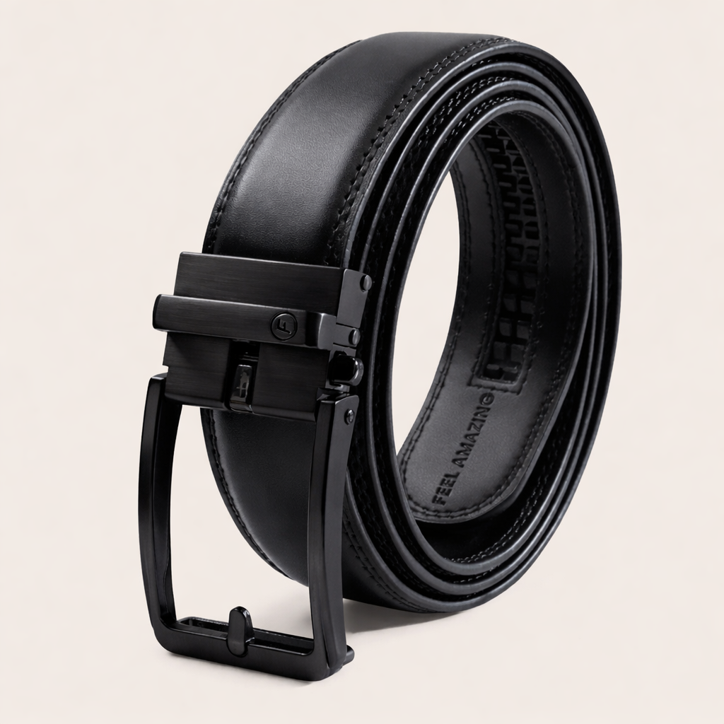 Angled view of Flight Glide Belt in black leather with matte black buckle