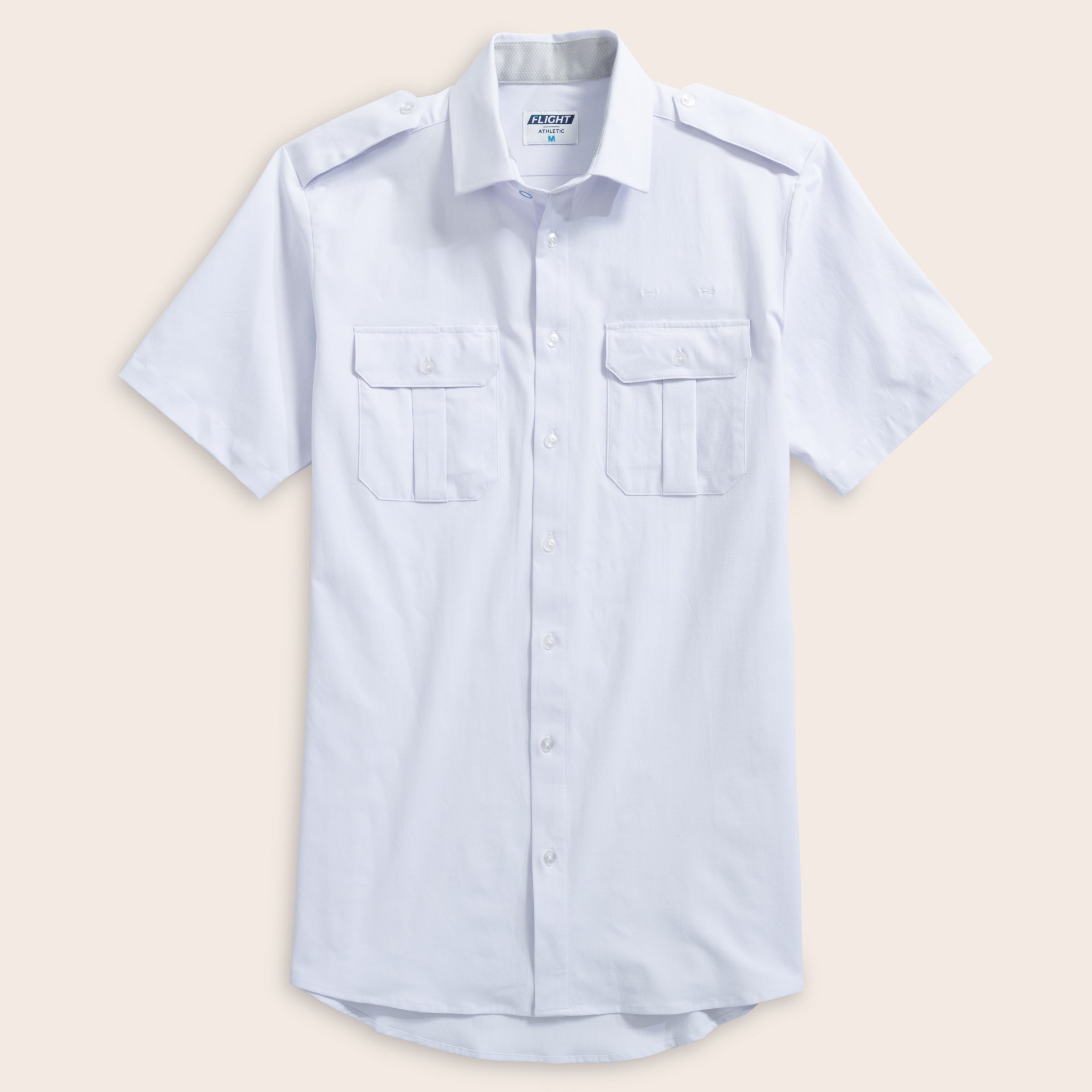 Men's white short-sleeve Cloud Cotton pilot uniform with eyelets, front view